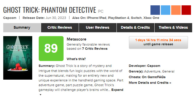 《幽灵诡计：幻影侦探》媒体评分解禁，PC版媒体均分89分