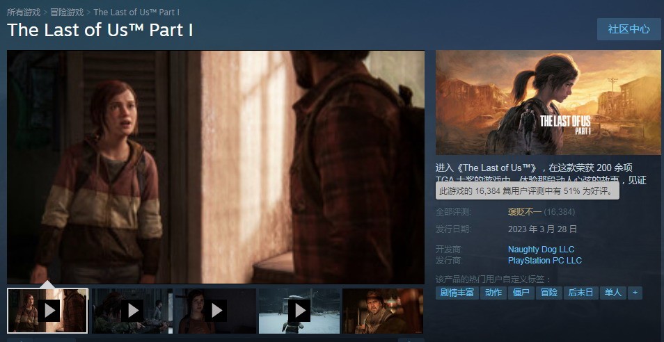 《最后的生还者》Steam玩家好评率从33%提高至51%